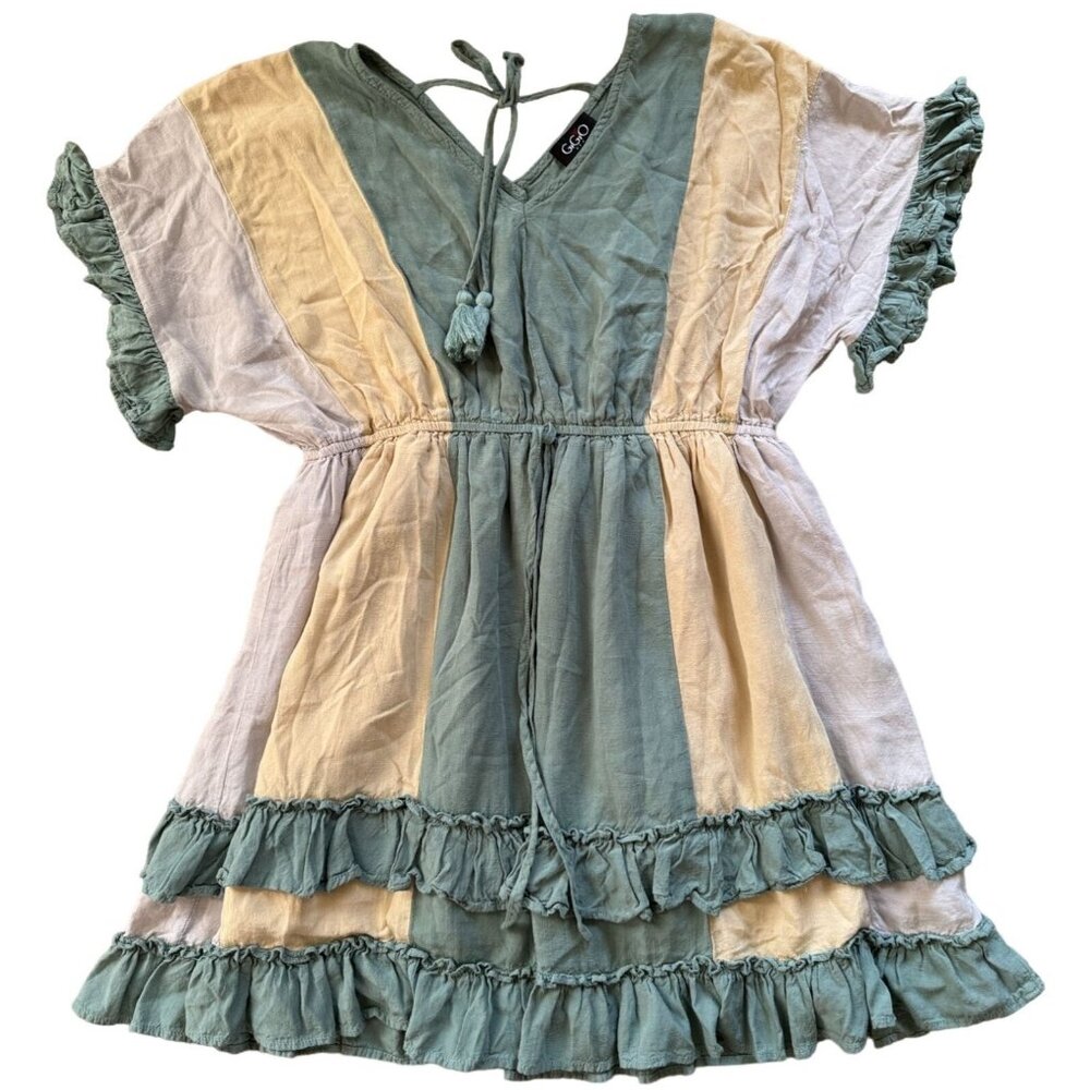GiGiO Tie Front Ruffle Bottom Sleeves Tassel Mini Dress Green yellow v neck L‎